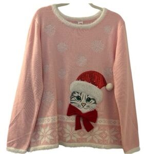 HOLIDAY TIME Christmas sweater sz XL, pink, cat face, Santa hat, sequins, fur.